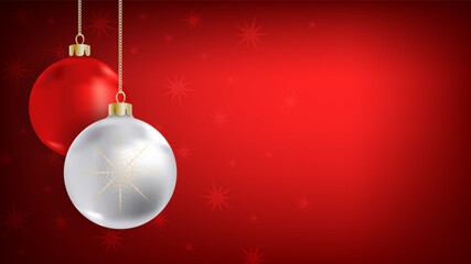 Bright Christmas red banner with hanging balls. Dark red horizontal background with white and red New Year balls, 3D decoration. Vector HD template with copy space for colorful holiday design.