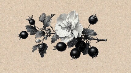Detailed botanical illustration of a white flower with dark berries on a beige textured background