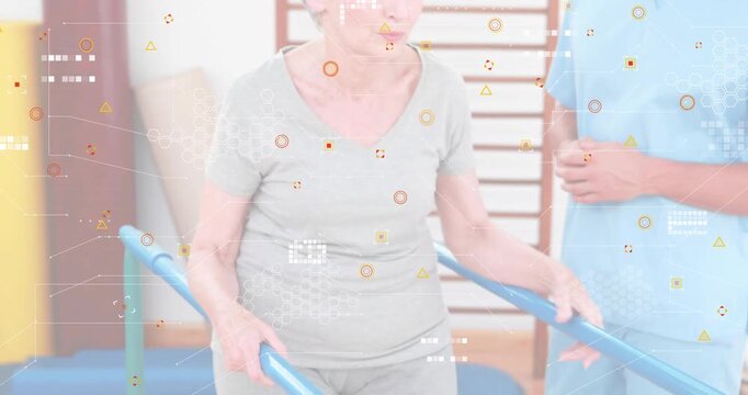 Senior woman grasping rehabilitation parallel bars on therapist cue and taking steps for mobility