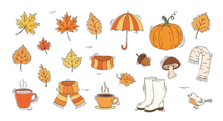 A collection of hand-drawn autumn icons, including colorful leaves, a pumpkin, warm scarves, boots, and hot drinks.