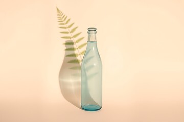 Generative AI minimalist composition with blue bottle and fern shadow.