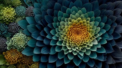 Detailed close-up of a layered floral composition, featuring varying blue and gold hues