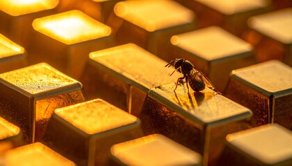 A close-up shot captures a bee resting on a surface of many golden rectangular bars, highlighting detail and texture