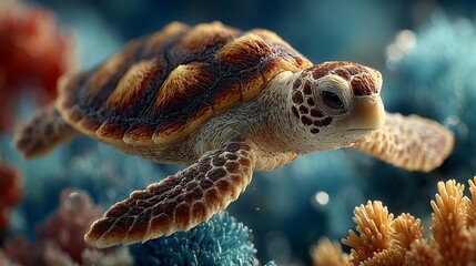 Detailed, close-up sea turtle swims over a colorful coral reef in a clear, serene blue environment