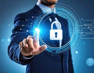 A businessman's finger interacts with a glowing digital padlock icon on blue
