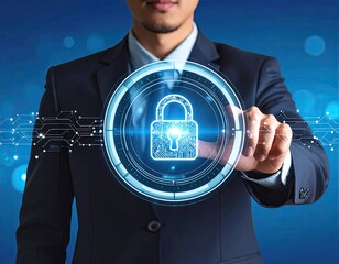 Person in suit touches digital padlock, representing security, data protection