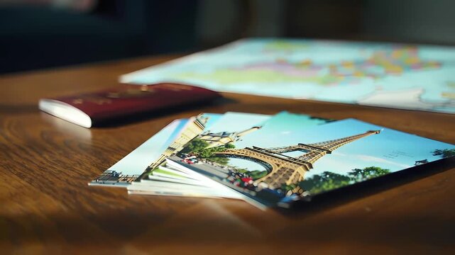 Travel memories with Paris Eiffel Tower postcards and map on wooden table.