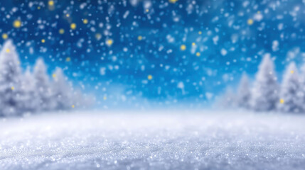 Winter landscape with blurred background featuring snowflakes falling gently and frosty trees