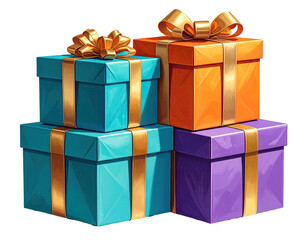 Obraz premium Stacked, colorful gift boxes with gold bows, digitally rendered, on a black background