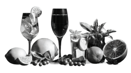 Elegant Still Life: Refreshing Citrus Drinks and Fruit Arrangement in Black and White
