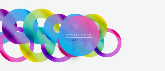 Abstract colorful circles overlap, creating dynamic visual effect. Gradient hues blend, forming modern background design.