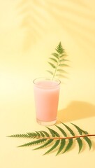 Generative AI Refreshing Pink Beverage with Ferns and Sunlight Dots.
