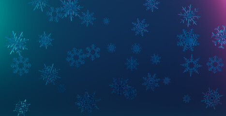 3d rendering falling snowflakes on blue winter gradient background