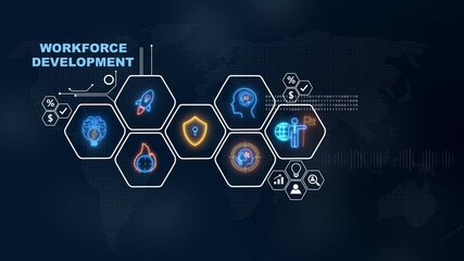 Global workforce development with icons and data visualization on digital background.one icon connect other ,Internet infrastructure concept map Abstract technology background in blue color .