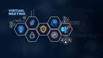 Animated digital interface displaying a global network and virtual meeting concepts ,Internet infrastructure concept map Abstract technology background in blue color . - Powered by Adobe