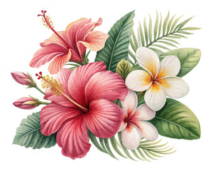 Fototapeta premium tropical watercolor hibiscus and frangipani flowers vector illustration