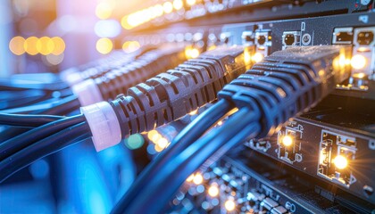Close Up of Network Cables Connected to Server with Blurring Background Lights