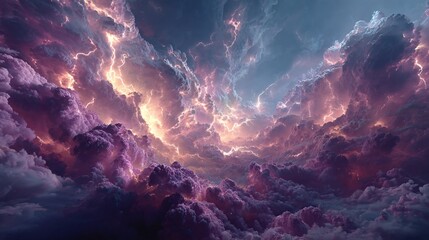 Dramatic, vibrant sky with swirling, textured purple and blue clouds bathed in ethereal, golden light