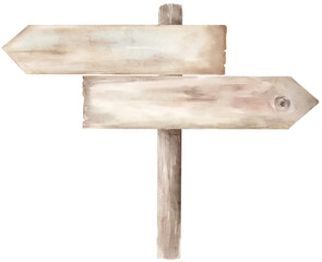 Watercolor Illustration of Wooden Direction Signpost Pointing Two Ways