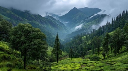 Fototapeta premium A breathtaking valley landscape with lush green meadows dotted with trees, rolling forested hills,