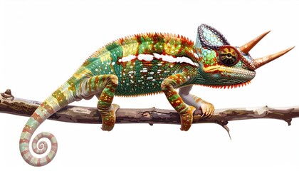 Colorful Chameleon Perched on Branch with White Background