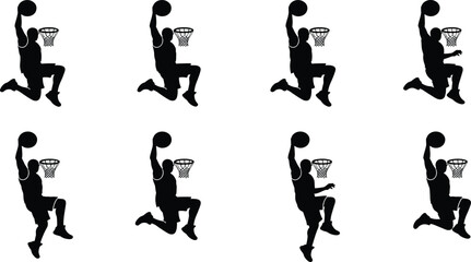 Basketball, slam dunk, silhouette, mid-air, hoop, athletic jump, dunk motion, player pose, action sequence, sports vector, dynamic gesture, expressive movement, dunk silhouette, blue hoop