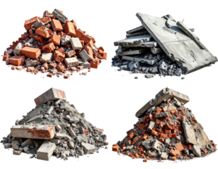 Four separate piles of construction debris against a transparent black backdrop