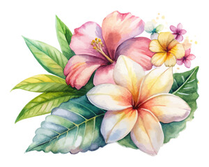tropical watercolor hibiscus and frangipani flowers vector illustration