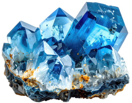 Close-up of a cluster of brilliant, blue crystals, with rough base