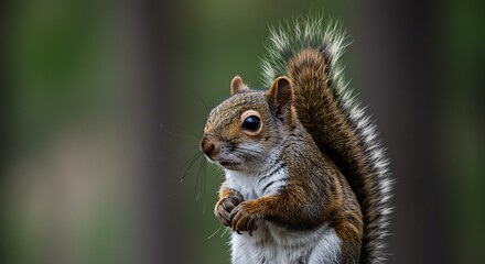 Close up portrait of a squirrel with brown fur and a fluffy tail against a blurred background