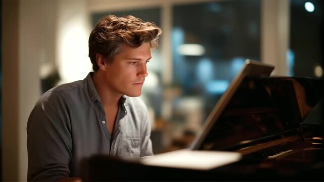 male composer orchestrating piano piece on laptop while playing keys hybrid creativity digital age three quarter wide angle cinematic color correction gentle backlight clean neg