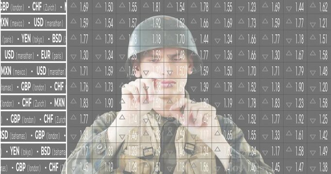 Currency rates overlay appearing while soldier raising hands to chin strap securing combat helmet