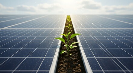 Solar panels with small plant symbolizing renewable energy and growth