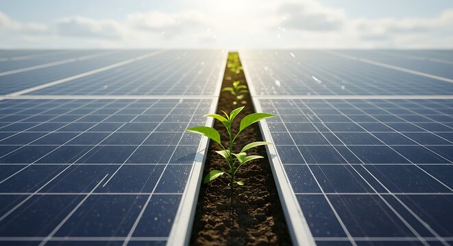 Solar panels with small plant symbolizing renewable energy and growth