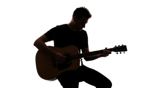 Silhouette of a man playing acoustic guitar isolated PNG with Transparent Background
