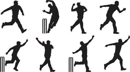 Cricket bowler silhouettes, bowling techniques, black vector illustration, red ball, stumps, dynamic motion, athlete pose, sports action, game moment