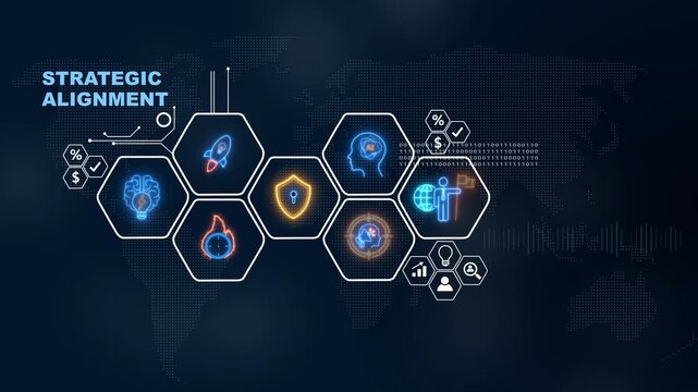 Strategic alignment concept with business icons and global network on dark background, Internet infrastructure concept map Abstract technology background in blue color .