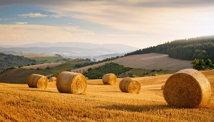 Fototapeta premium Golden Hay Bales On A Hillside Landscape