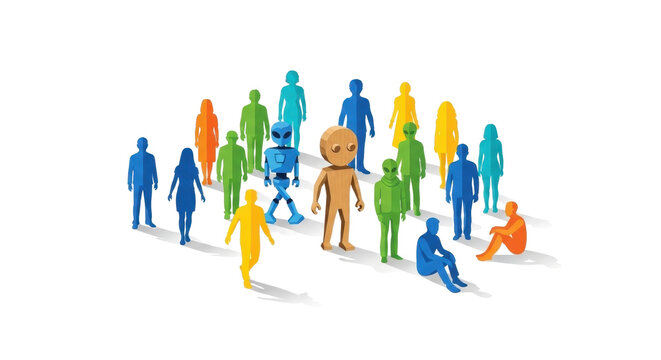 Diverse group of colorful human silhouettes with robot and alien figures, conceptual illustration of social inclusion and artificial intelligence integration