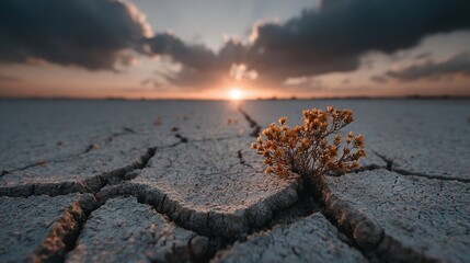 Dried earth with cracked ground, sunset and tiny wildflowers