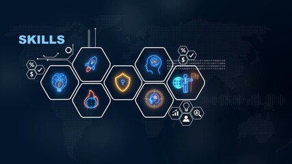 Digital world skills illustrated with data visualization on global business and finance, Internet infrastructure concept map Abstract technology background in blue color . - Powered by Adobe