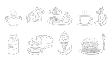 Line art illustration featuring various food items: soup, pizza, fish, coffee, fruits, milk, bread, ice cream, and a burger.