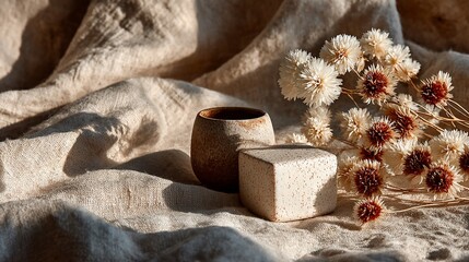 Dried thistle flowers and ceramic geometric shapes on wrinkled cloth, bathed in soft, warm light