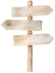 Watercolor Illustration of Wooden Direction Signpost Pointing Three Ways