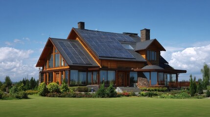 Fototapeta premium A spacious two-story wooden house with large windows and solar panels stands amidst a lush garden filled with shrubs,