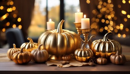 Gold Candelabrum Velvet Pumpkins And Glowing Lights M Refined Halloween Decor With Cozy Autumn Elegance