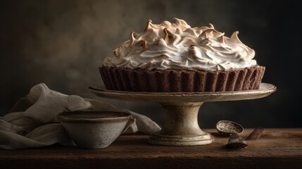 Delicious Chocolate Meringue Pie on a Pedestal Stand.