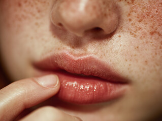 Fototapeta premium Sensual Touch: Close-up of a person's lips, accented by freckles, creating an intimate, soft, and sensitive feel.