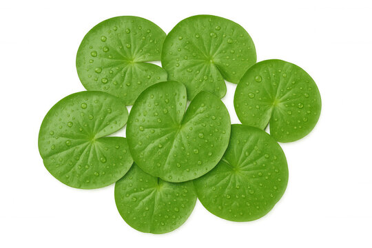 Green fresh water lily pads with water droplets creating a natural clean surface, top view, transparent background