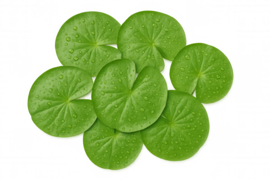 Green fresh water lily pads with water droplets creating a natural clean surface, top view, transparent background